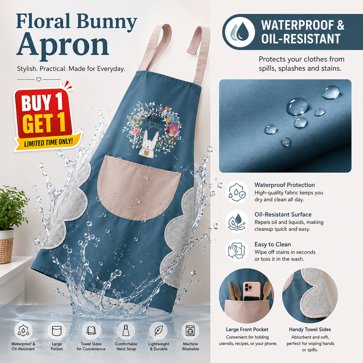 Nova Pick Floral Bunny Waterproof Kitchen Apron with Hand Towel (Buy 1 Get 1 Free)