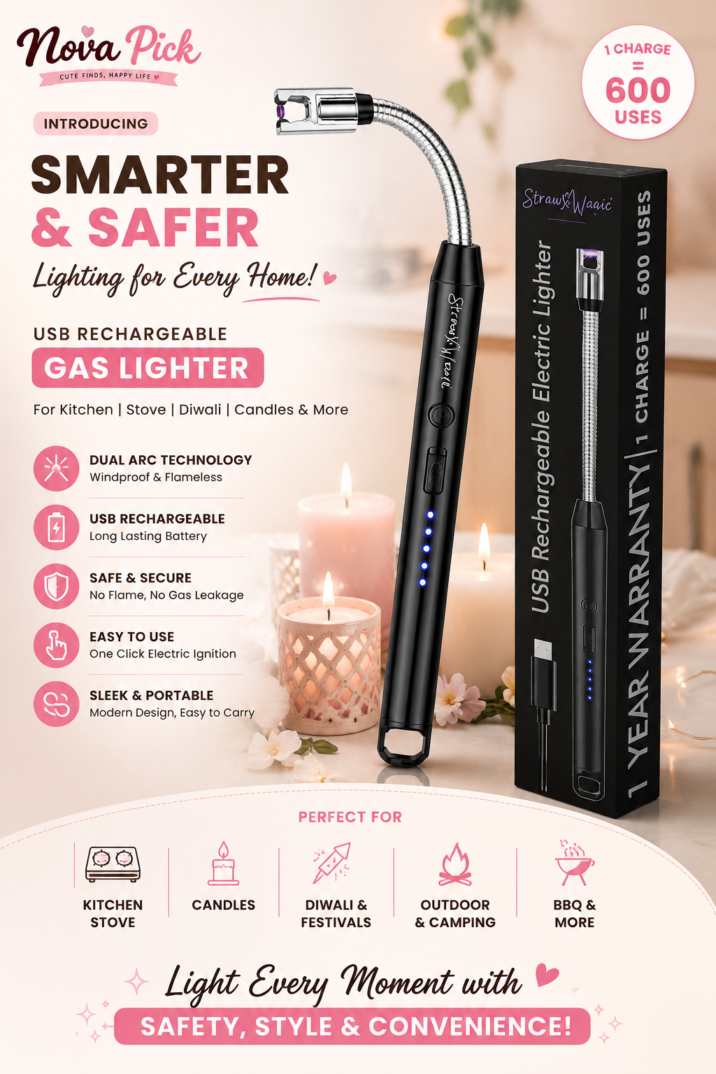 NovaPick™ Premium Rechargeable Electric Arc Lighter – 360° Flexible, Windproof & Flameless